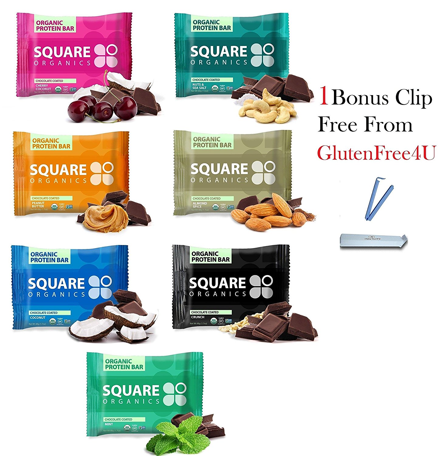 Squarebar Organic Protein Bar, All Variety! Pack Of 7 + 1 Bonus Clip From Glutenfree4U